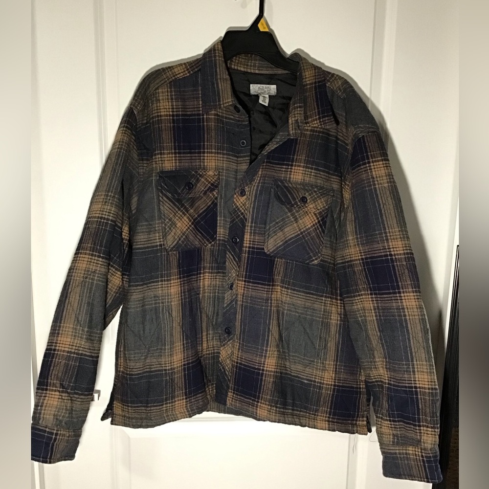 Ocean + Coast Men's Plaid Shirt Jacket - Navy and Tan Size XL
